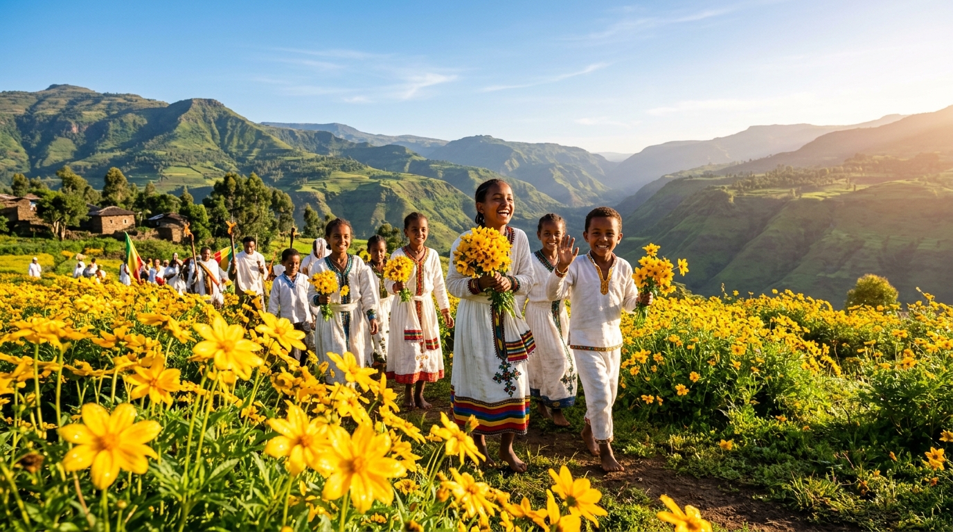 🌼 Kidus Yohannes (Enkutatash) & The Blooming Adey Abeba Flowers: Joyful children praising God for a blessed new year across sunny Ethiopian highlands!