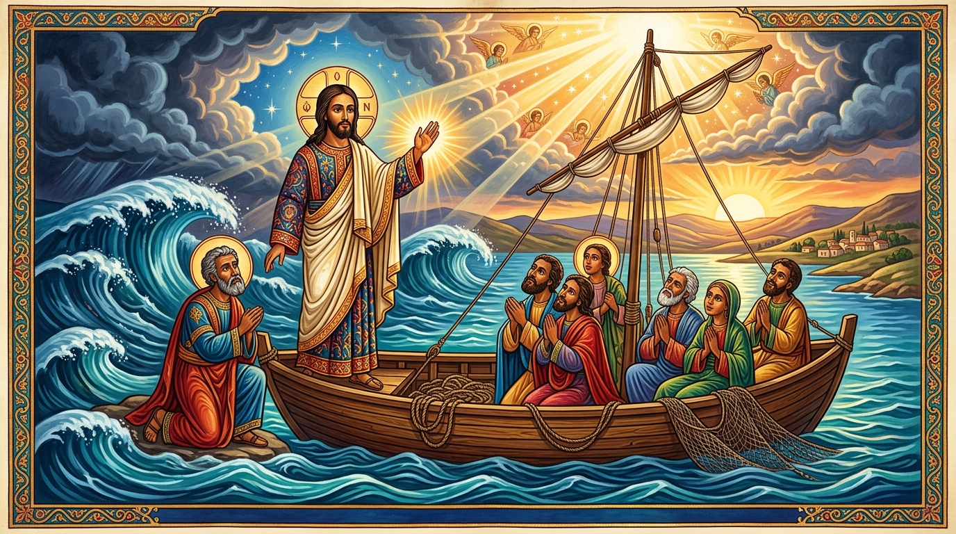 🌊 Calling on Our Father: Our Lord and Savior Jesus Christ calming the wind and roaring waves with divine authority.
