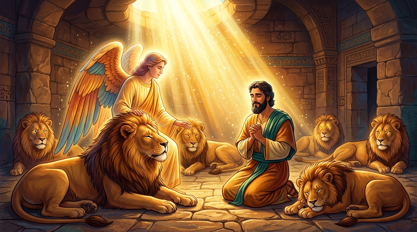 🦁 Trusting God's Deliverance: Prophet Daniel praying peacefully in the lions' den under God's holy angelic protection.
