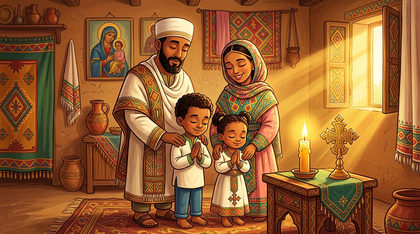 👨👩👧👦 Purity and the Christian Family: An Orthodox Christian home praying before the sacred icon with deep devotion.
