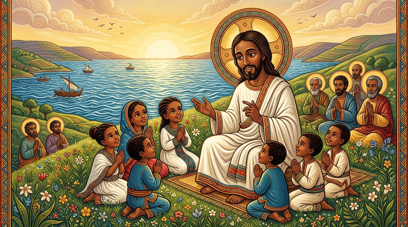 🙏 God Our Loving Father: Our Lord and Savior Jesus Christ teaching His disciples and children how to pray with pure faith.
